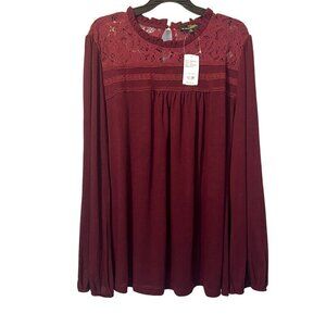 NWT‎ Suzanne Betro Burgundy Long Sleeve Lace Detail Blouse 2X Fall Whimsigoth
